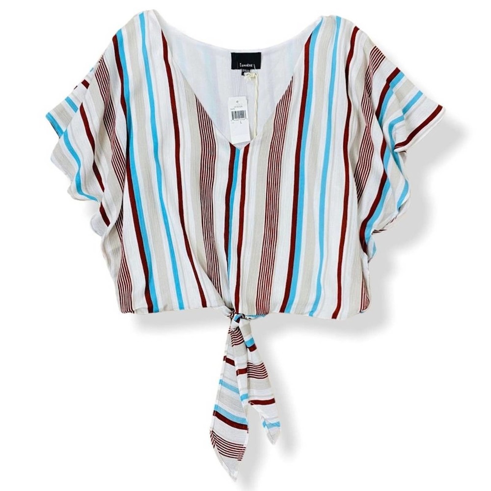 Lumiere Womens Striped V-Neck Top Large Dolman Sleeve Boxy Loose Fit Tie Hem